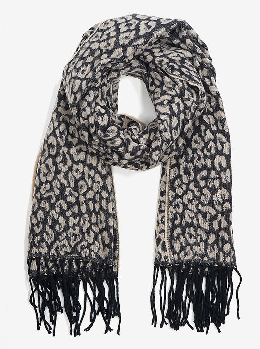 Leopard Print Wrap Around Oblong Scarf With Fringe