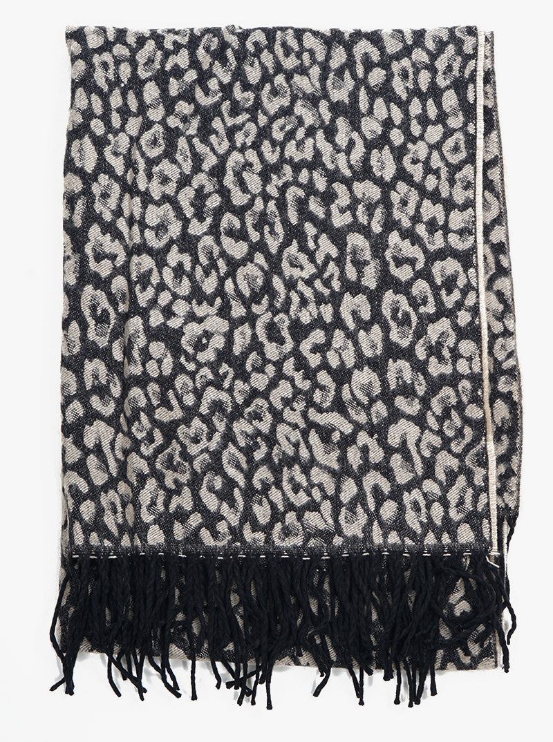 Leopard Print Wrap Around Oblong Scarf With Fringe