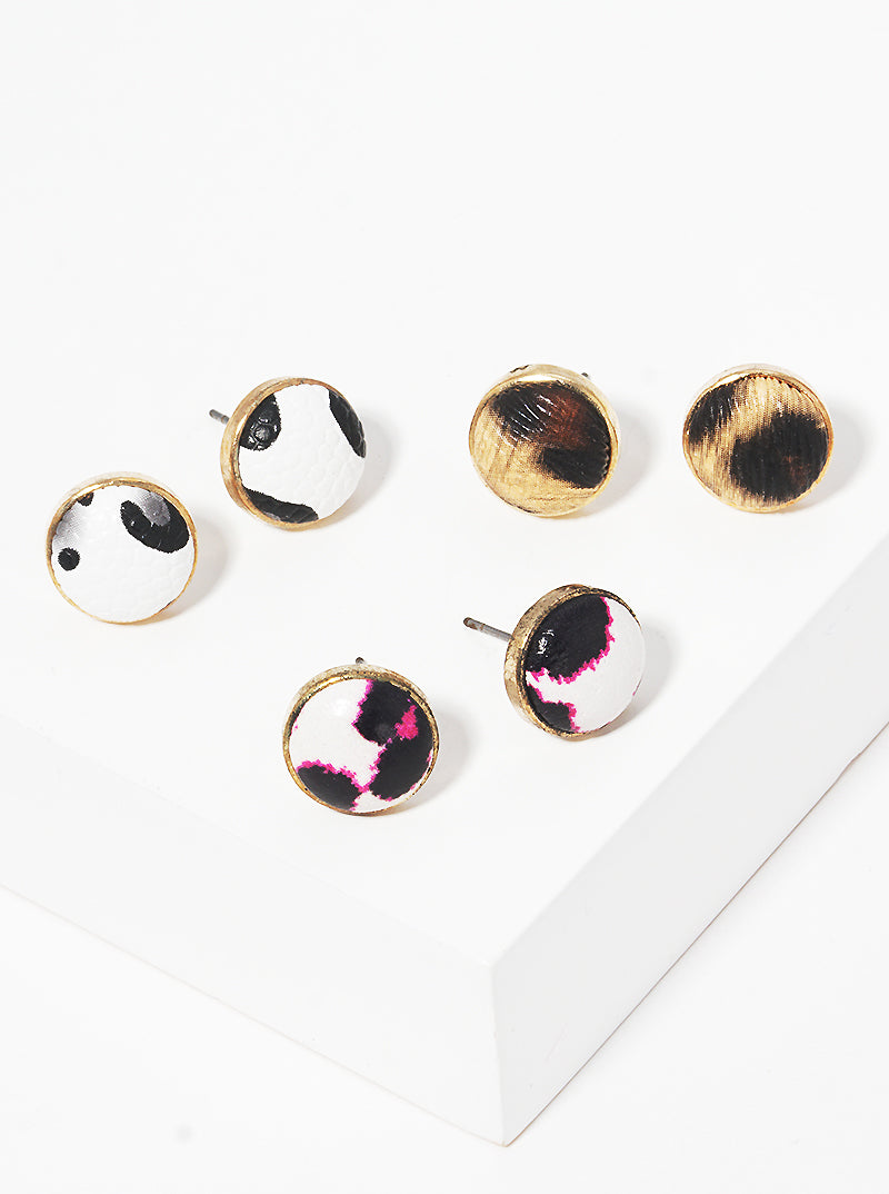 Leopard Printed Leatherette Hemisphere Dainty Post Stud Earrings
