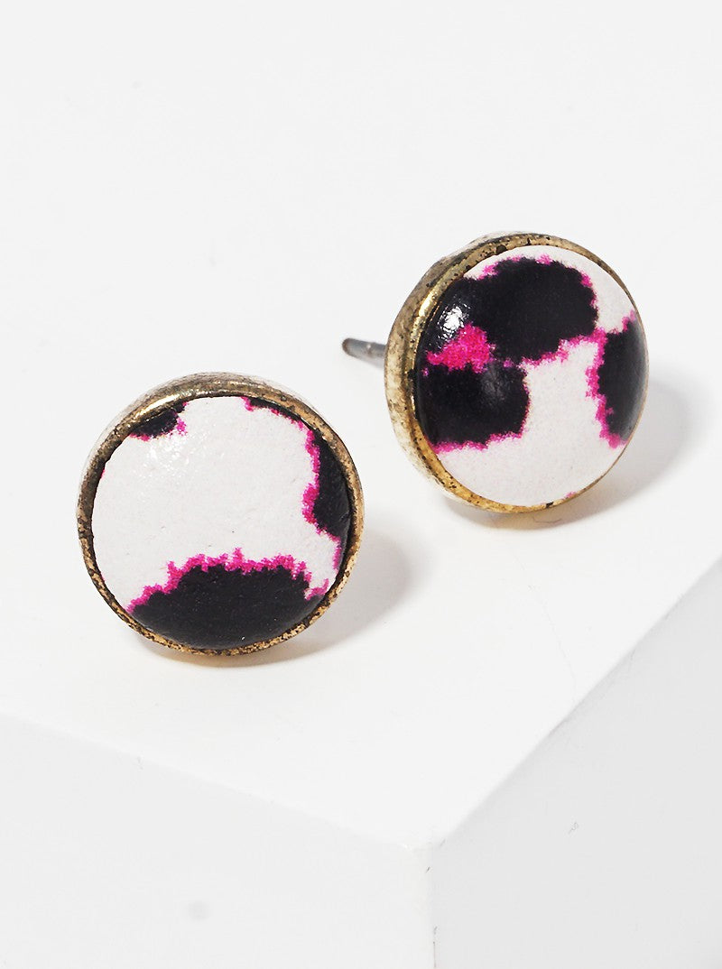 Leopard Printed Leatherette Hemisphere Dainty Post Stud Earrings