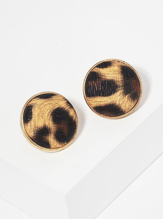 Leopard Printed Leatherette Hemisphere Post Stud Earrings