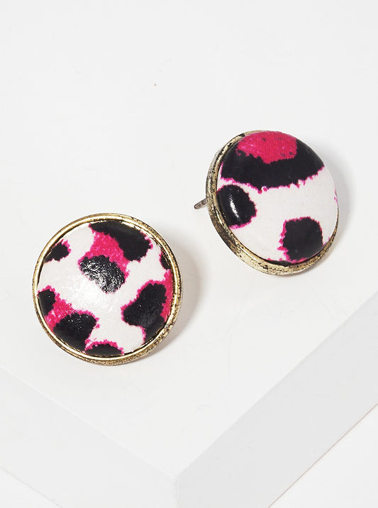 Leopard Printed Leatherette Hemisphere Post Stud Earrings