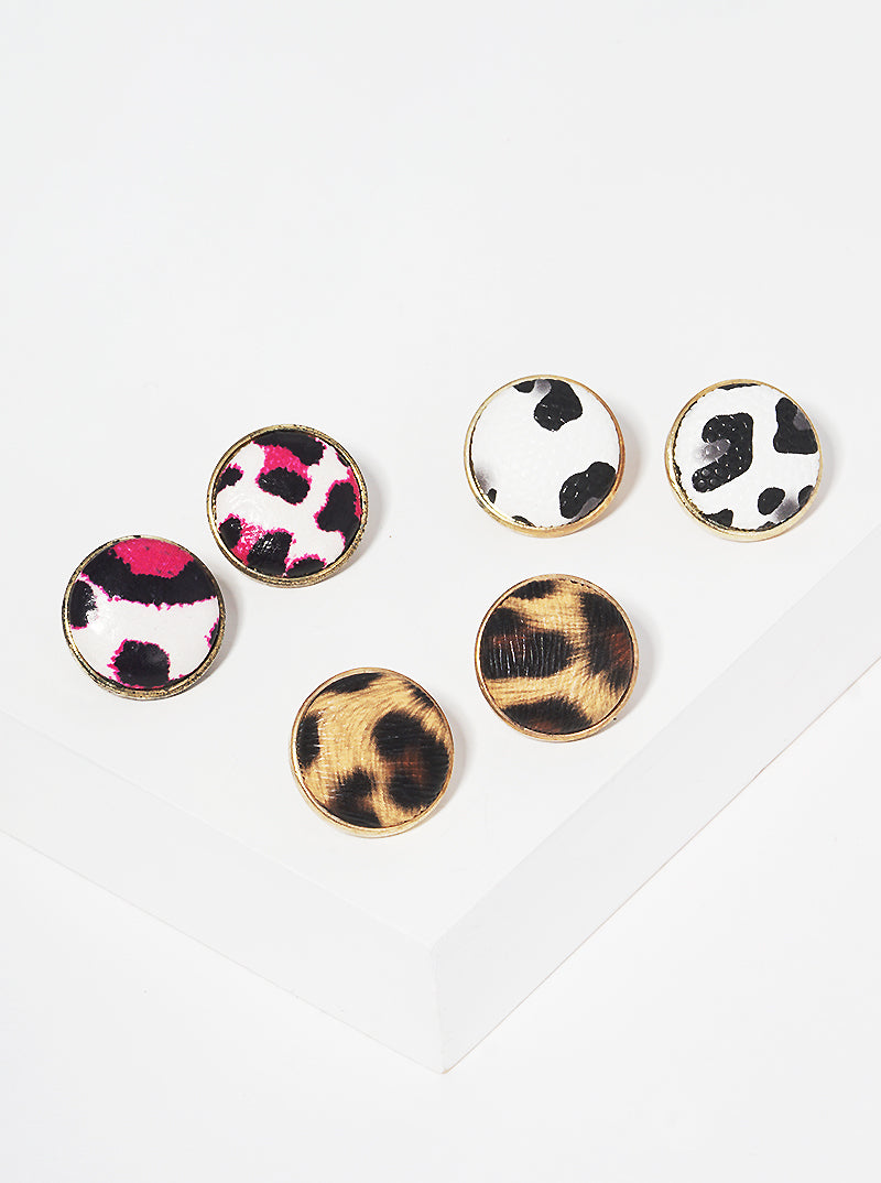 Leopard Printed Leatherette Hemisphere Post Stud Earrings