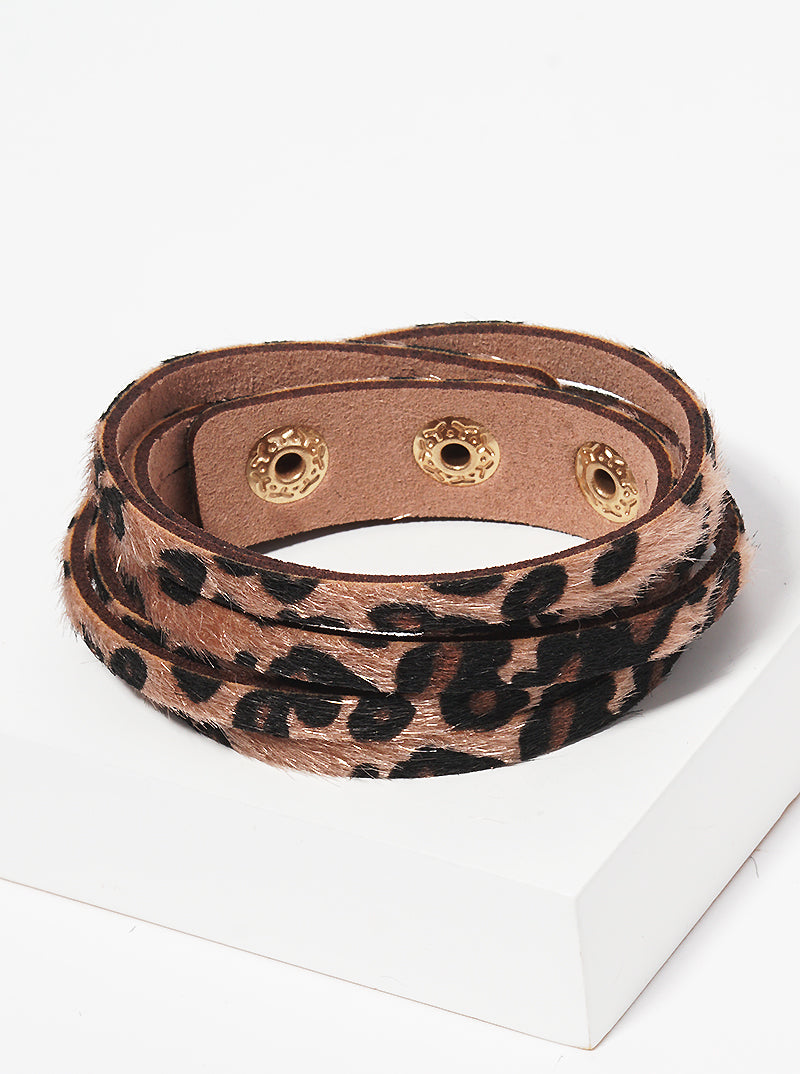 Leopard Animal Print Multi Layer Leatherette Wrap Around Bracelet