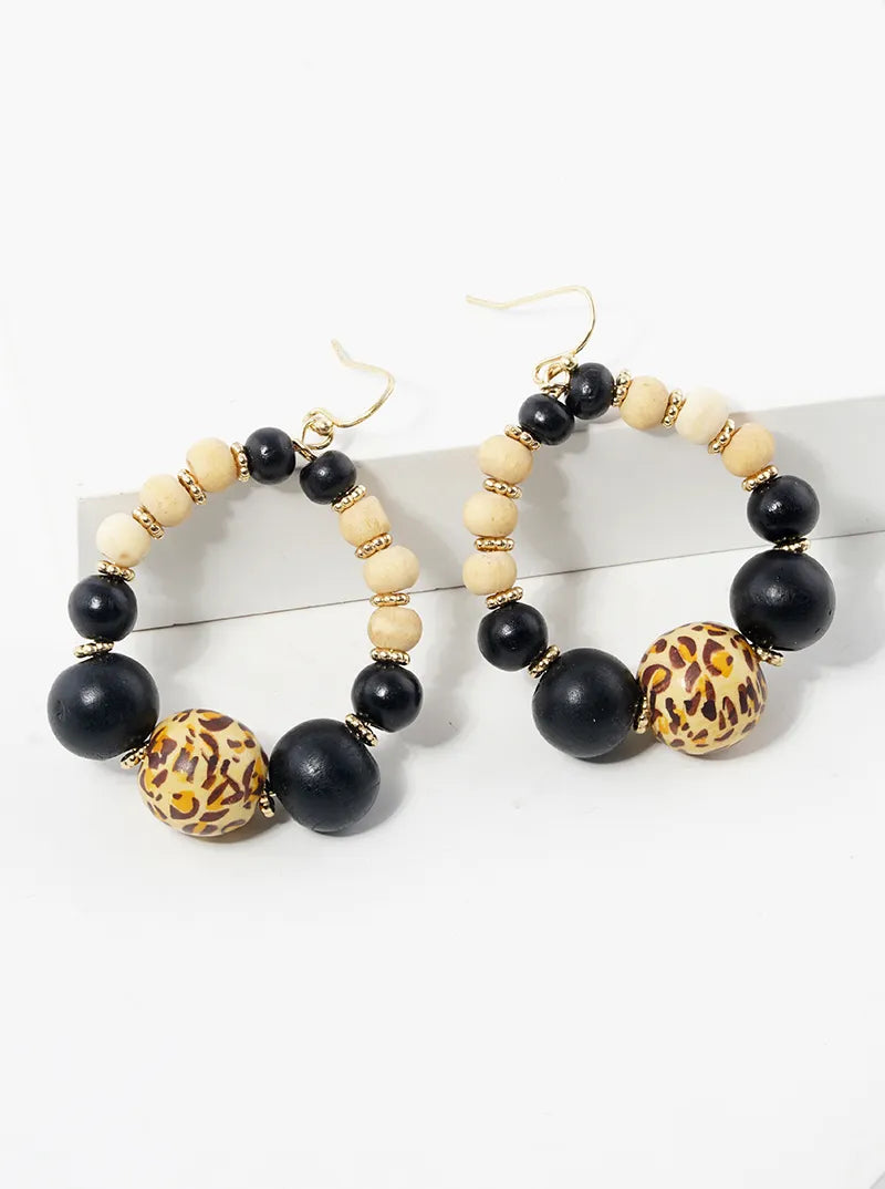 Leopard Printed Wood Bead Dangle Drop Earrings
