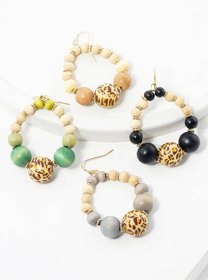Leopard Printed Wood Bead Dangle Drop Earrings