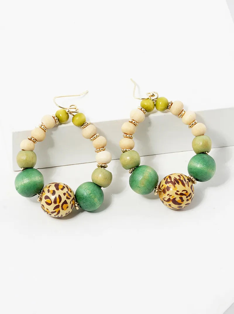 Leopard Printed Wood Bead Dangle Drop Earrings