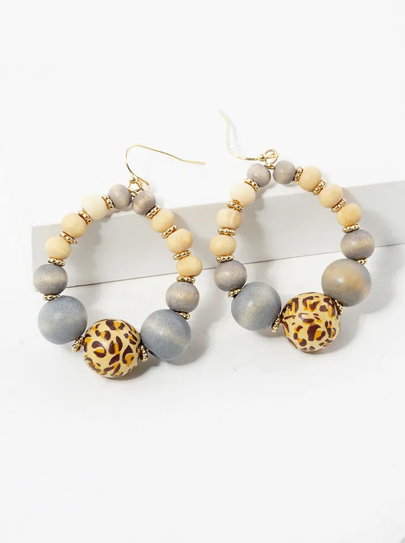 Leopard Printed Wood Bead Dangle Drop Earrings