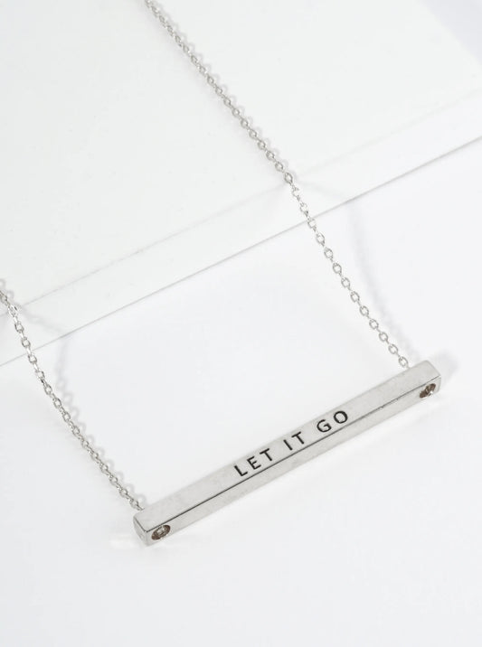 Let It Go Engraved 18K Gold Dipped Horizontal Brass Bar Pendant Inspirational Necklace