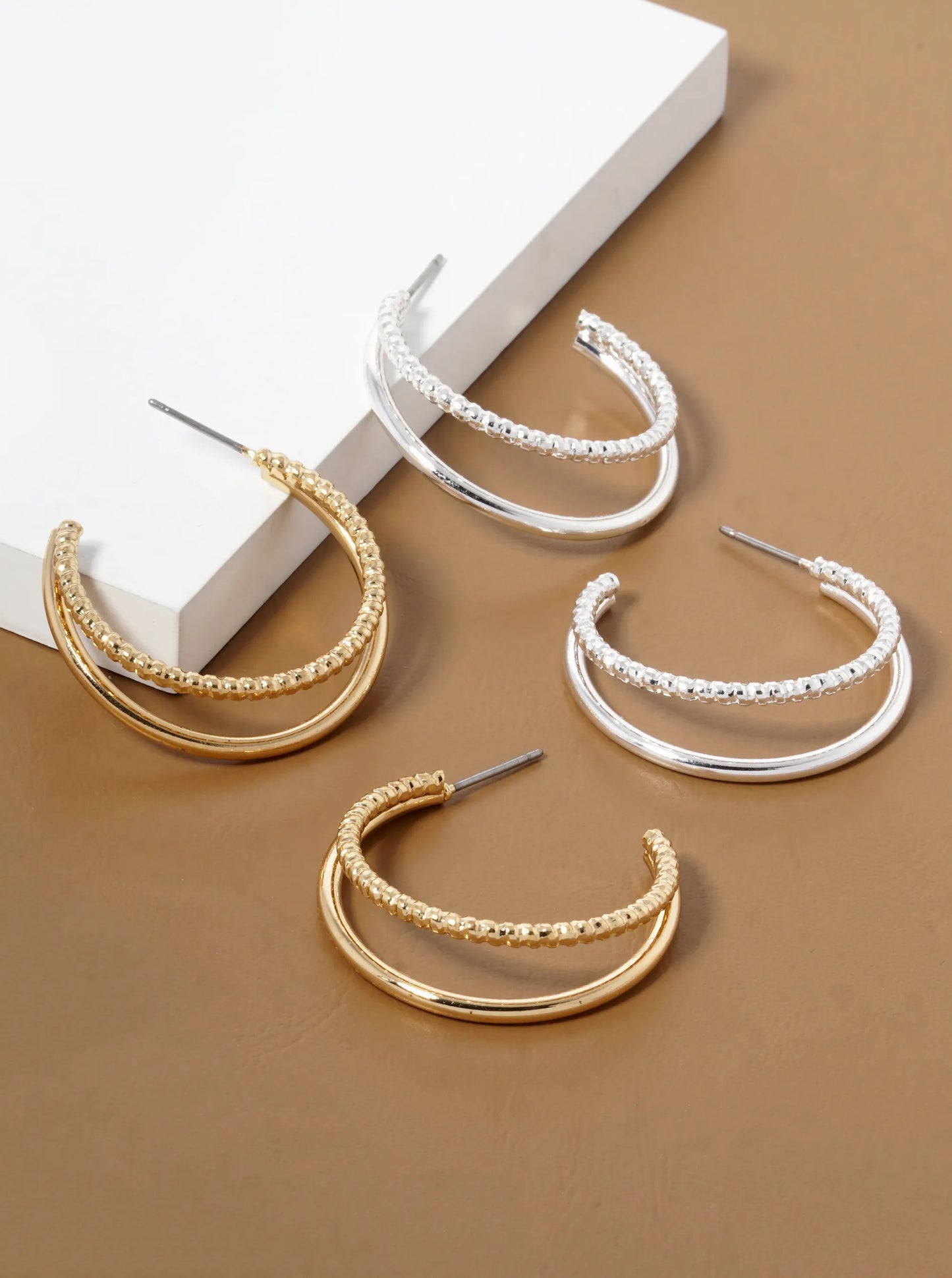 Lightweight Textured 25mm Metal Double Hoop Earrings