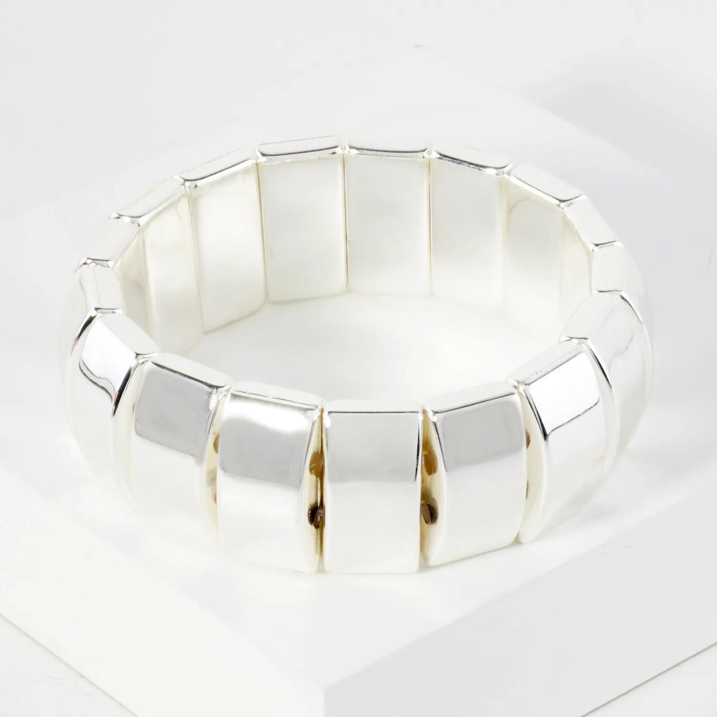 Linked 20mm Polished Rectangle Metallic Beads Stretch Bracelet