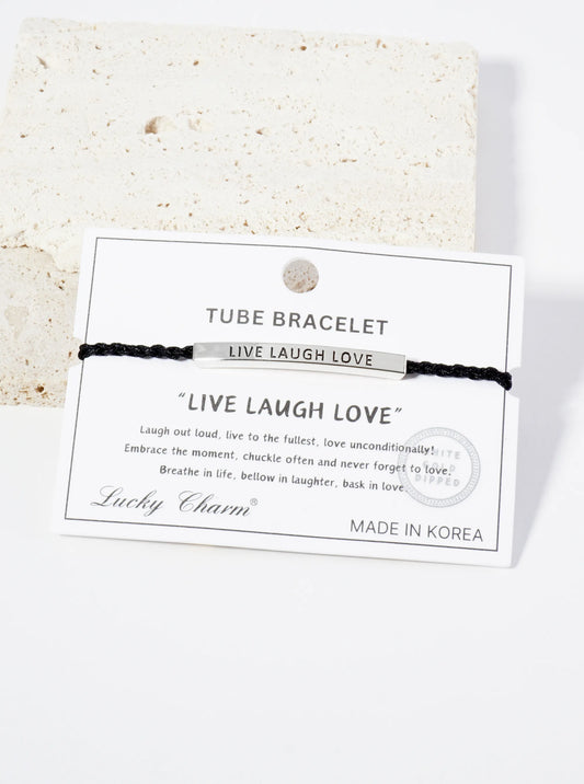 Live Laugh Love Engraved 18K Gold Dipped Curved Brass Tube Bar Adjustable Pull Tie Bracelet