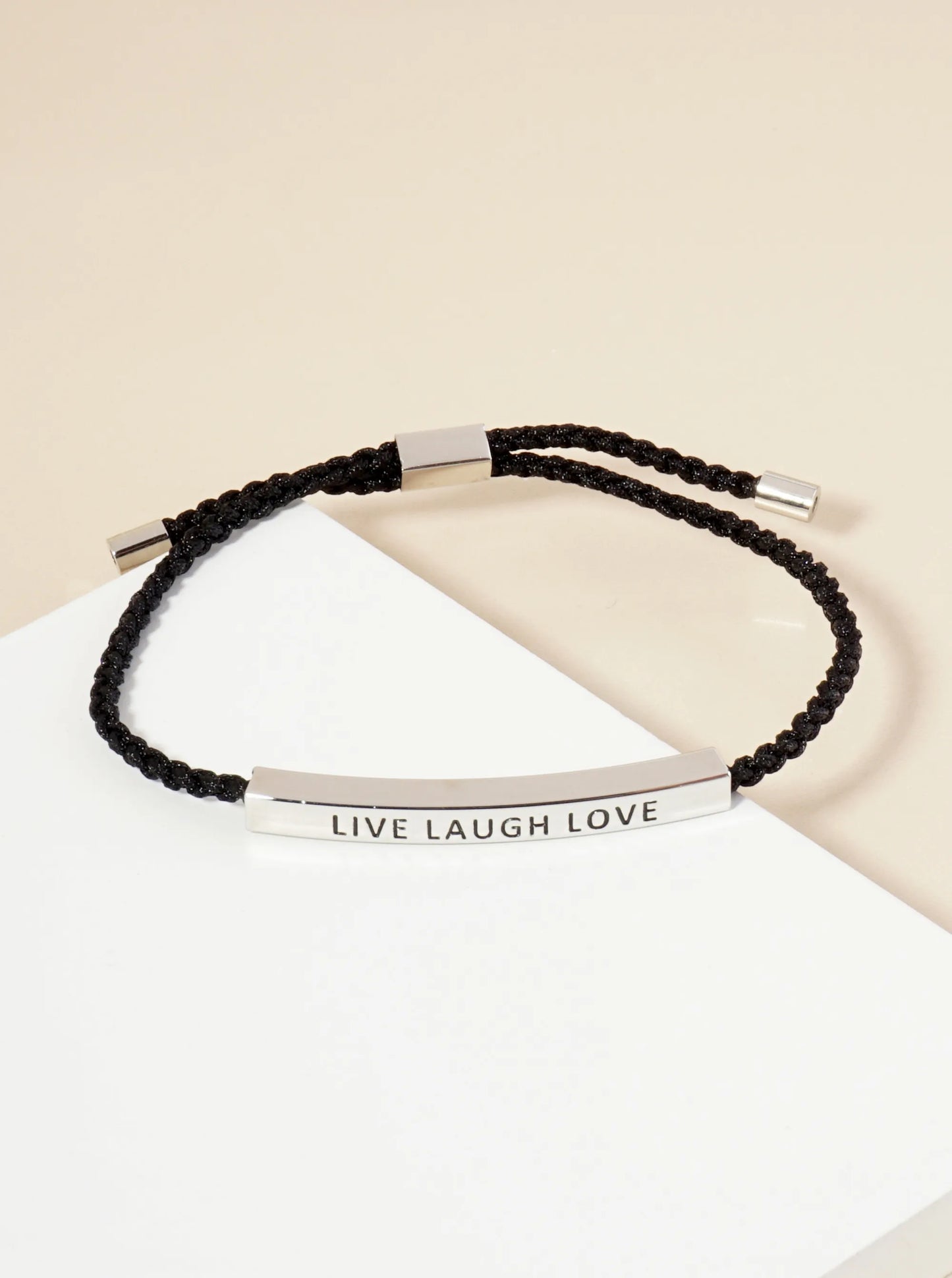 Live Laugh Love Engraved 18K Gold Dipped Curved Brass Tube Bar Adjustable Pull Tie Bracelet