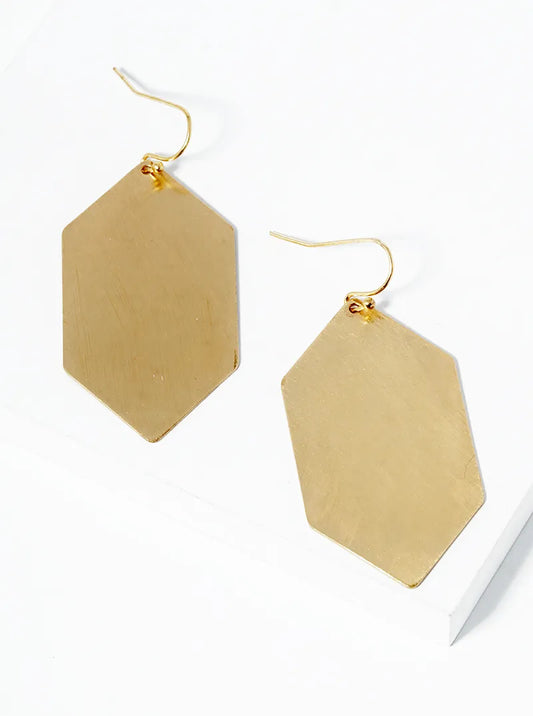 Long Hexagon Satin Brushed Brass Drop Earrings