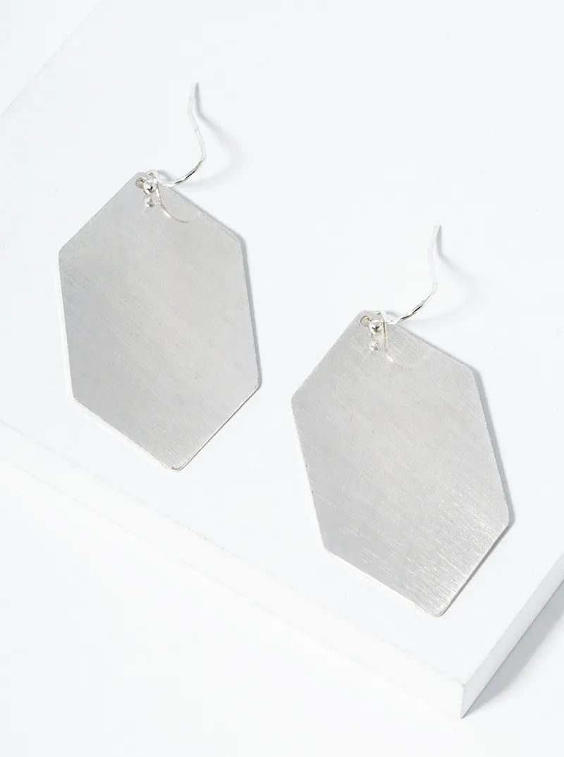 Long Hexagon Satin Brushed Brass Drop Earrings