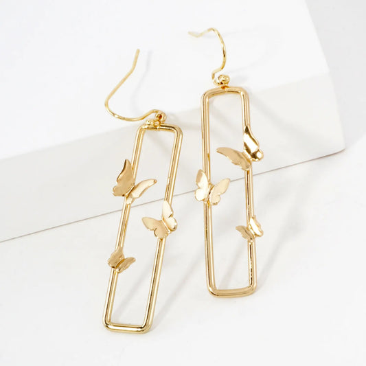 Long Rectangular Drop Earrings With Three Butterflies