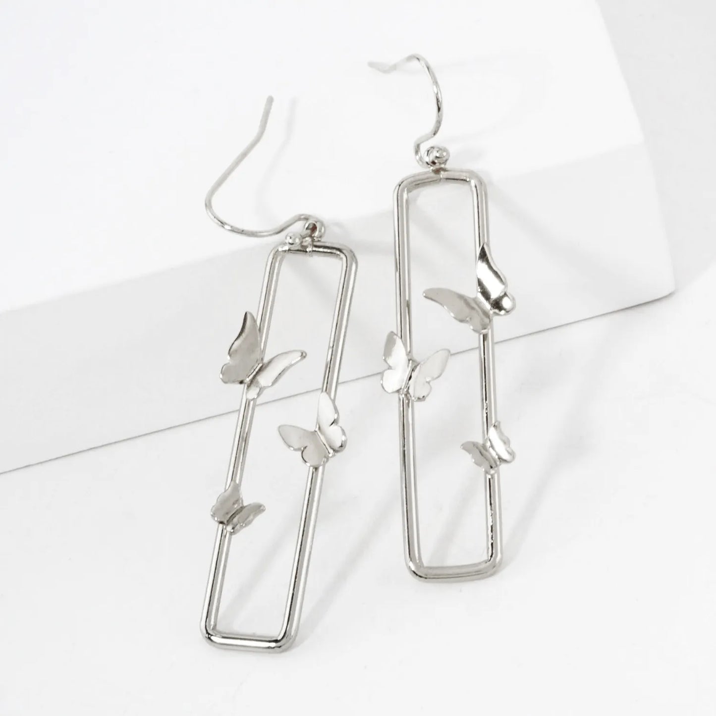 Long Rectangular Drop Earrings With Three Butterflies