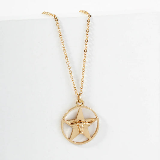 Longhorn Head And Star Overlay Western Medallion Pendant Necklace