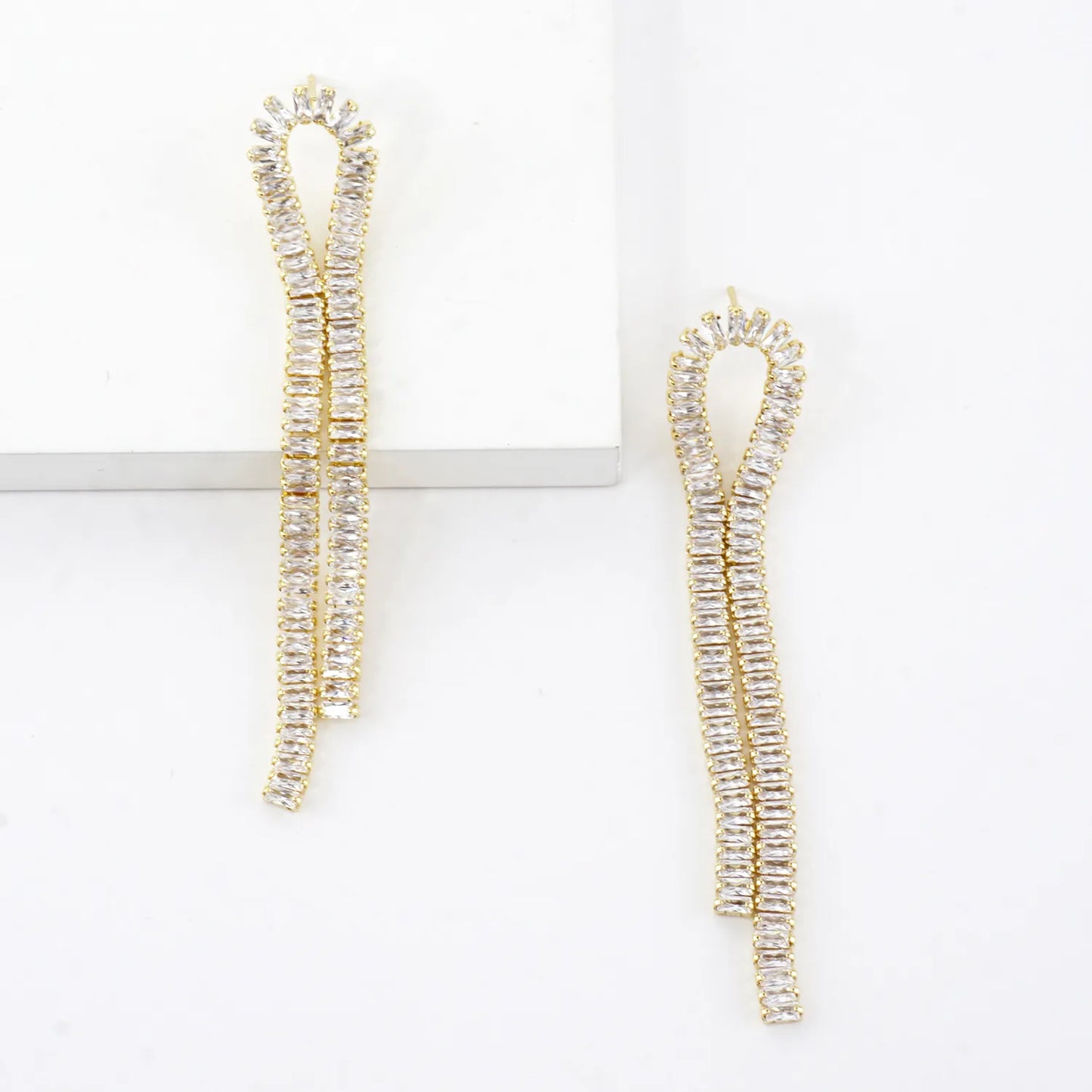 Looped Dangle Earrings With Lined Rectangular CZ