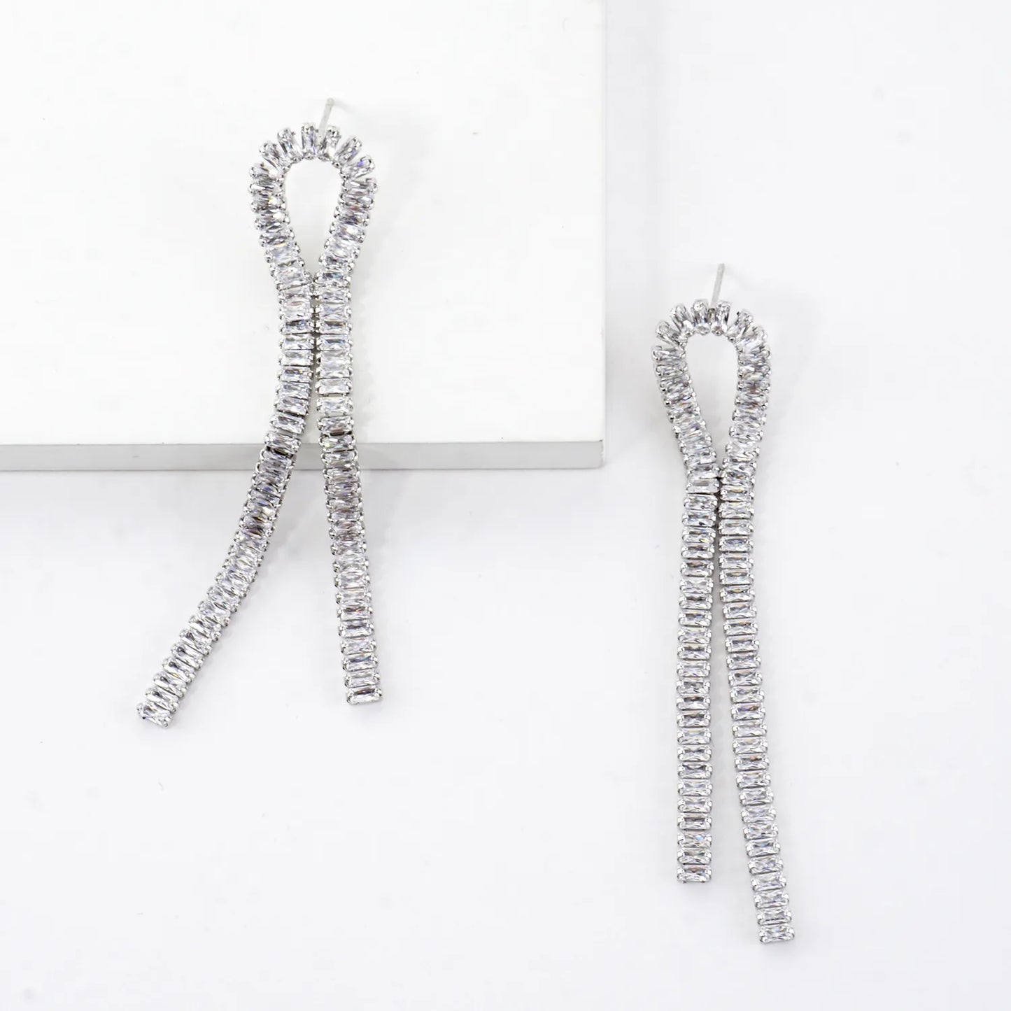 Looped Dangle Earrings With Lined Rectangular CZ