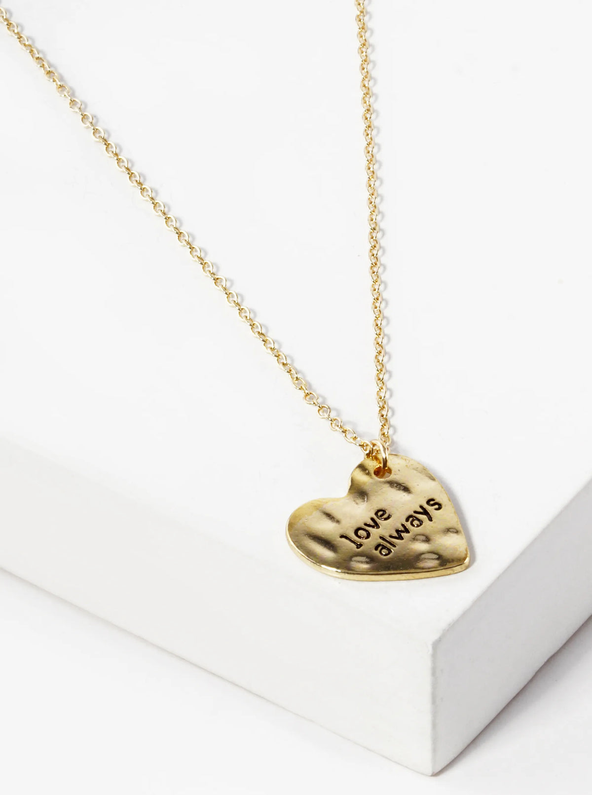 Love Always Engraved Sideways Hammered Metal Heart Pendant Necklace