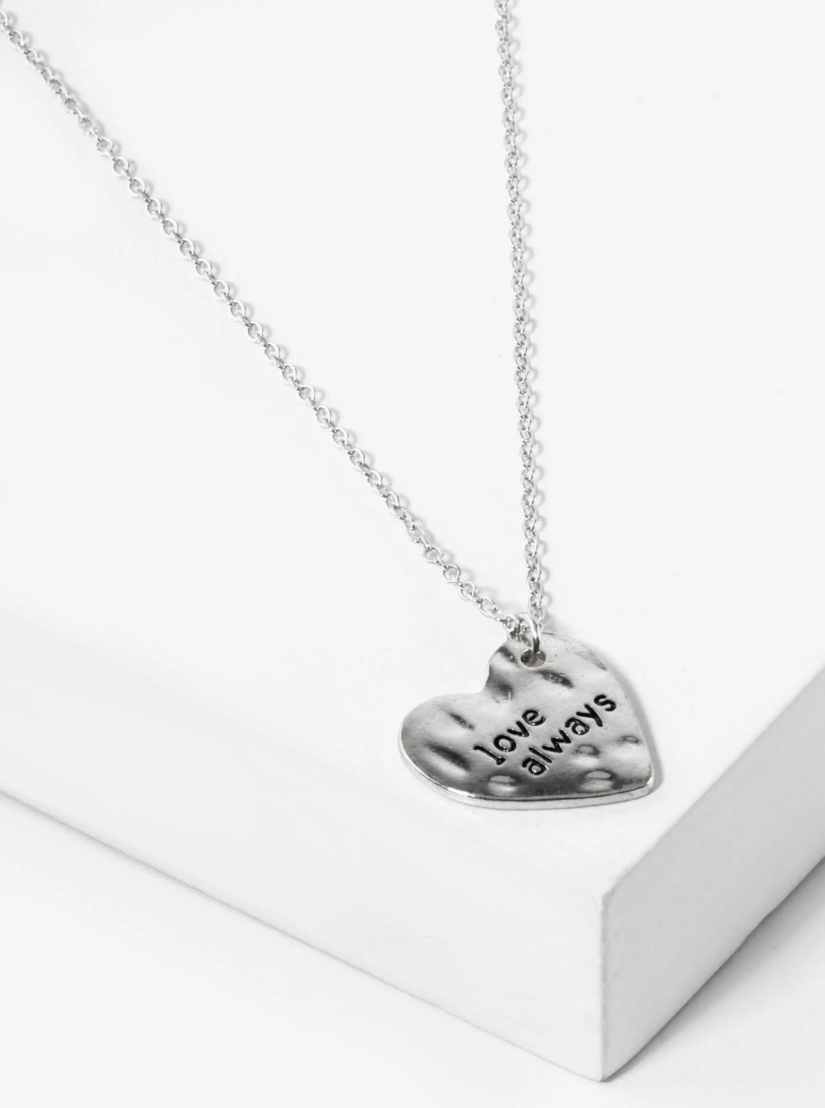 Love Always Engraved Sideways Hammered Metal Heart Pendant Necklace