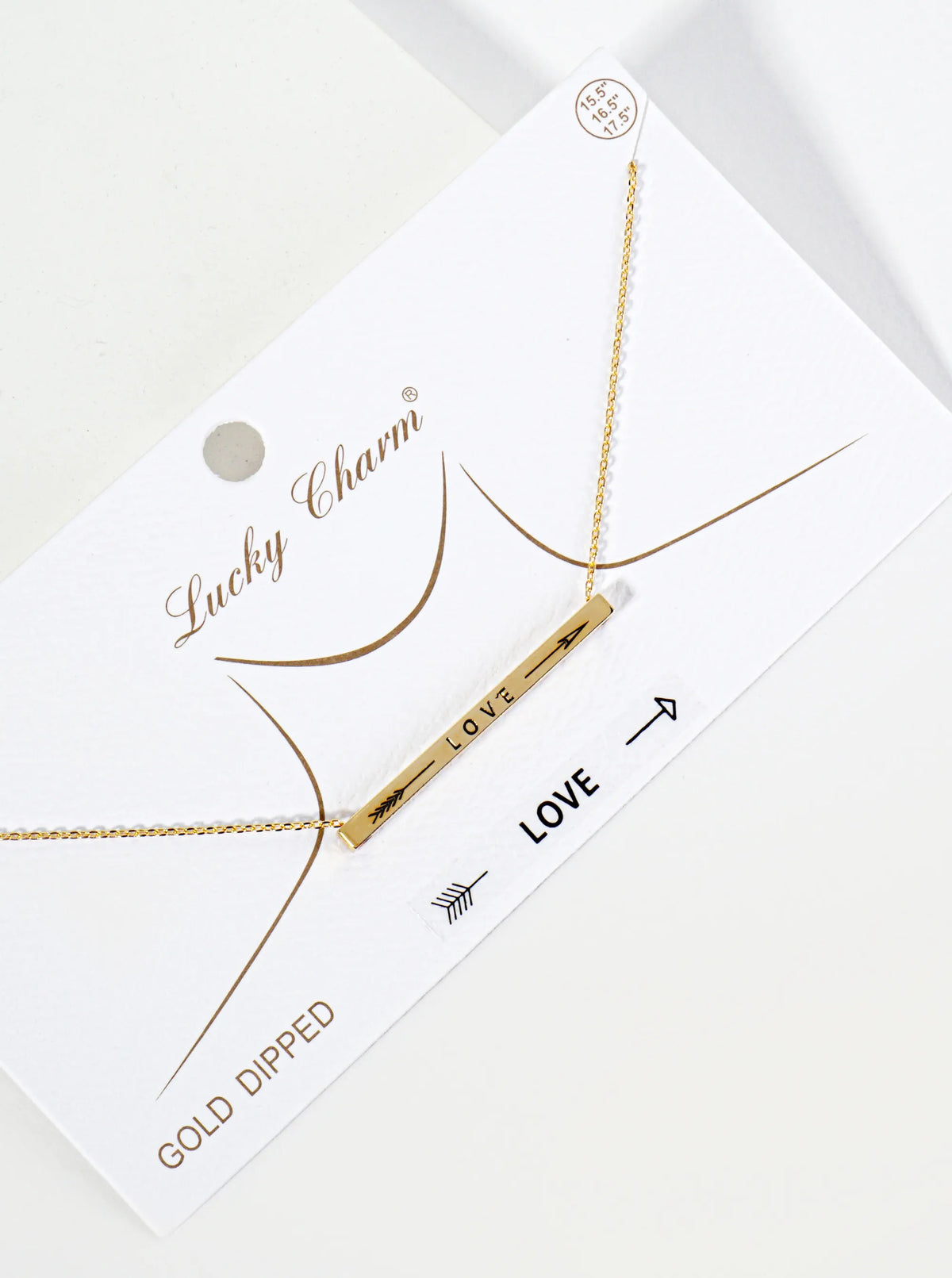 Love Arrow Engraved 18K Gold Dipped Horizontal Brass Bar Pendant Inspirational Necklace