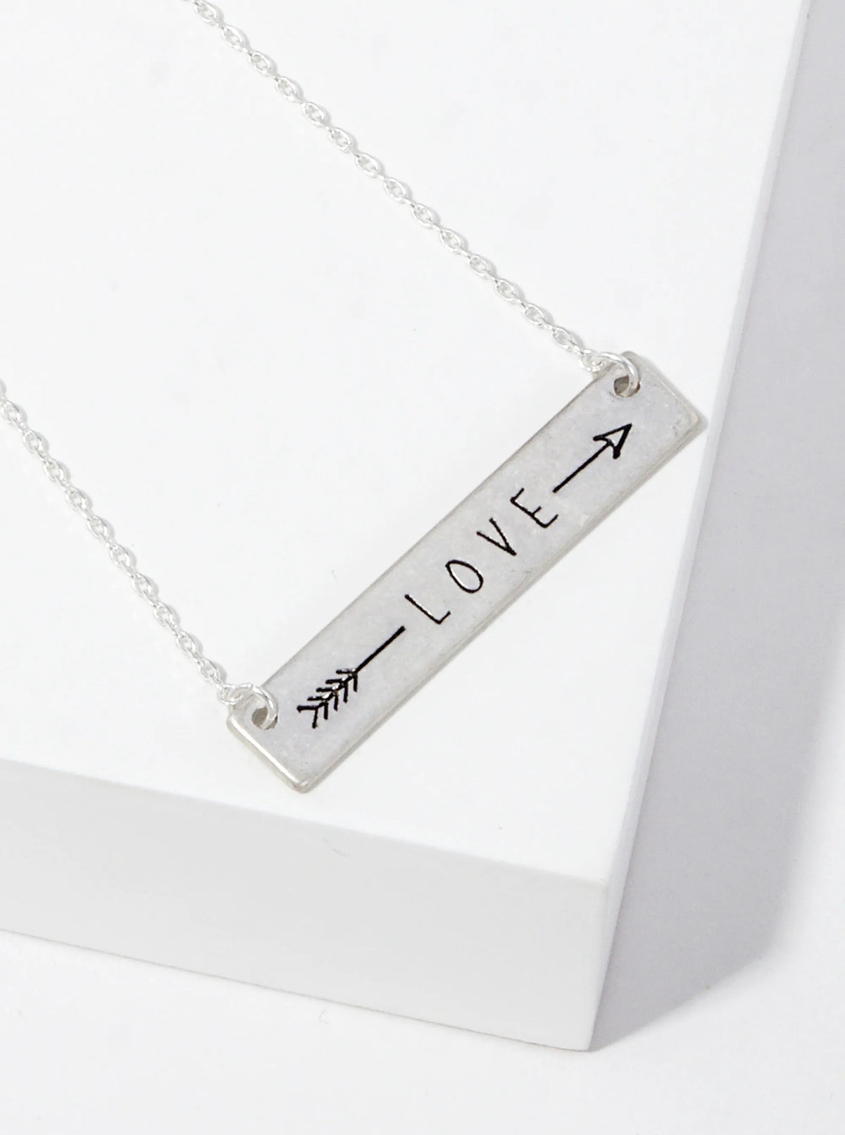 Love Arrow Engraved Horizontal Bar Pendant Necklace