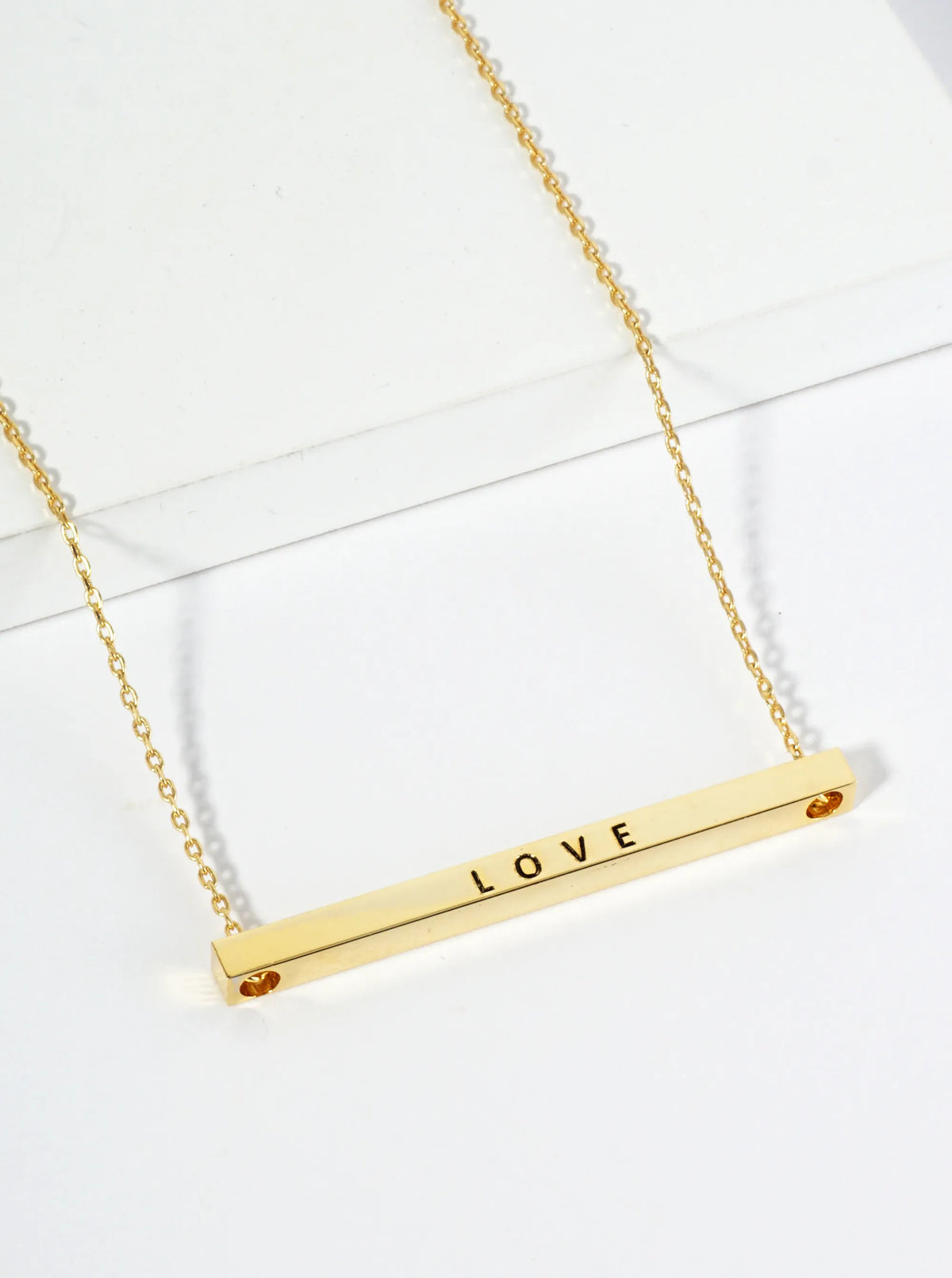 Love Engraved 18K Gold Dipped Horizontal Brass Bar Pendant Inspirational Necklace