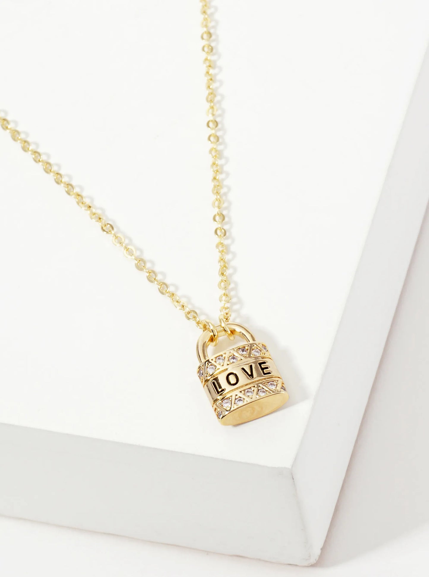 Love Engraved Cubic-Zirconia Padlock Pendant 18K-Gold-Dipped Necklace