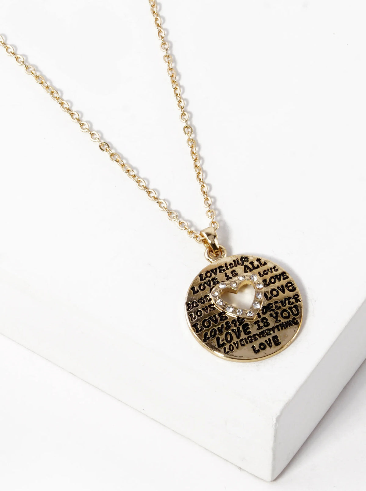 Love Engraved Heart Cutout Disc Pendant Necklace