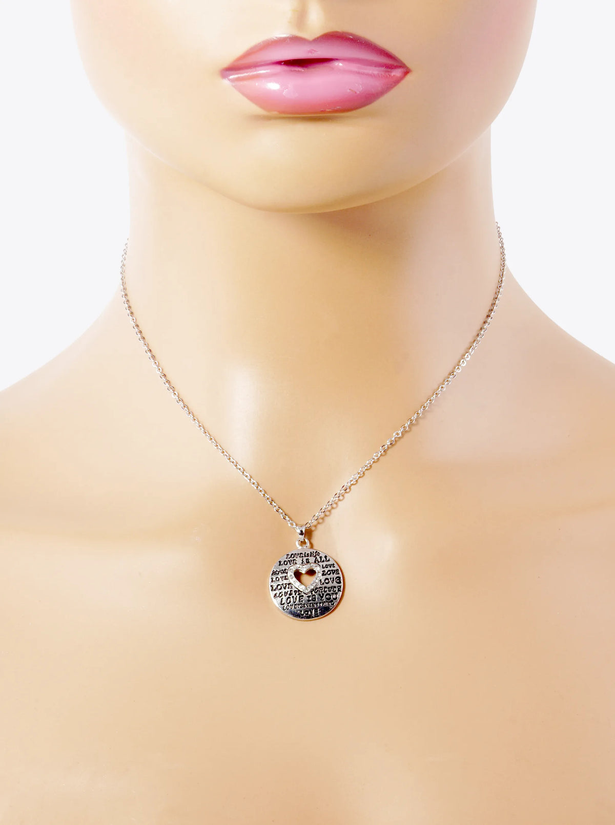 Love Engraved Heart Cutout Disc Pendant Necklace