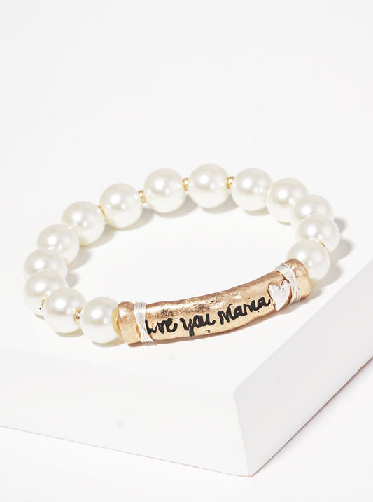 Love You Mama Engraved Wire Wrapped Acylic Pearl Stretch Bracelet