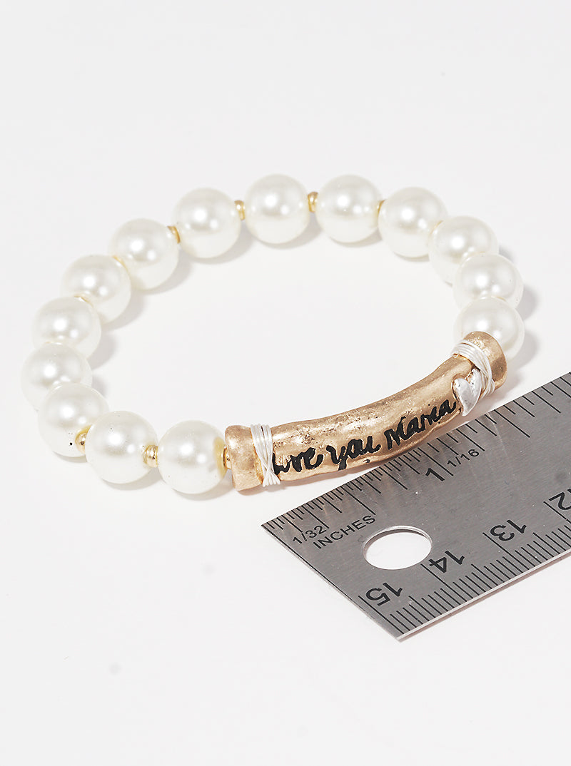 Love You Mama Engraved Wire Wrapped Acylic Pearl Stretch Bracelet