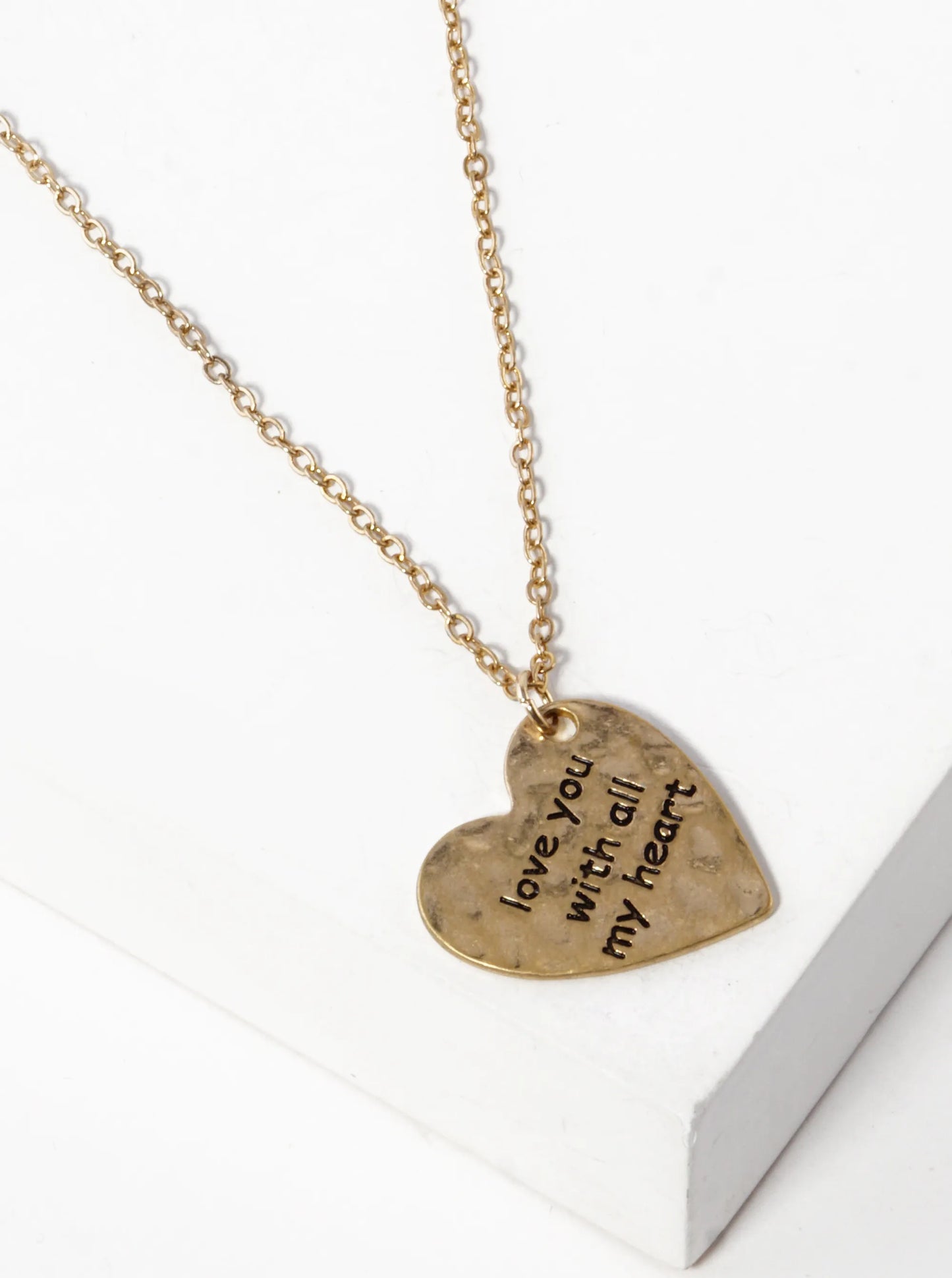 Love You With All My Heart Engraved Hammered Heart Pendant Necklace