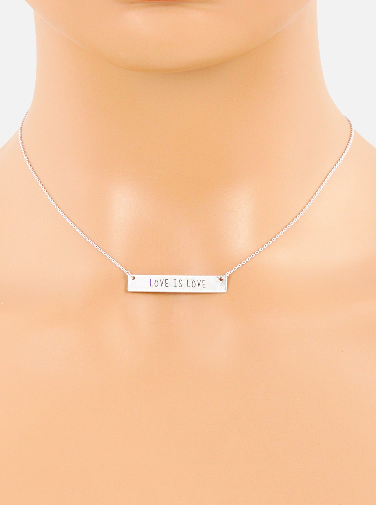 Love Is Love Engraved Horizontal Bar Pendant Necklace