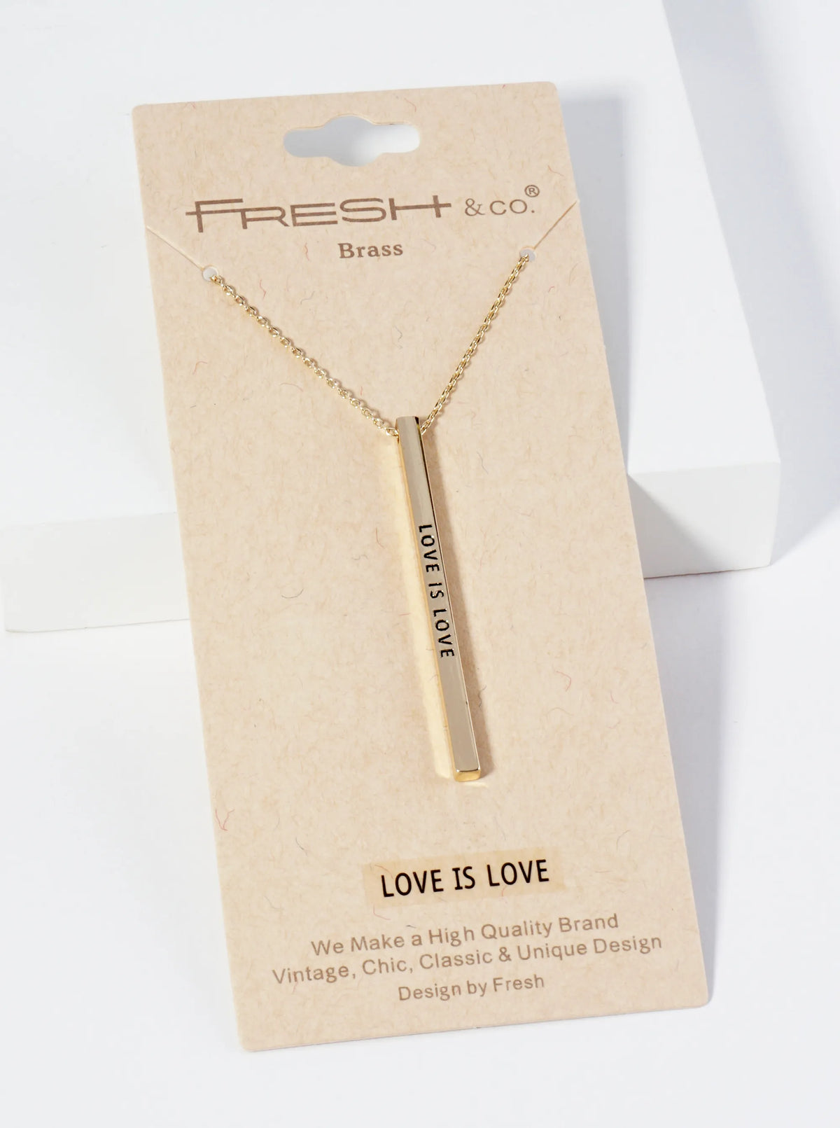 Love Is Love Engraved Vertical Bar Pendant Inspirational Necklace