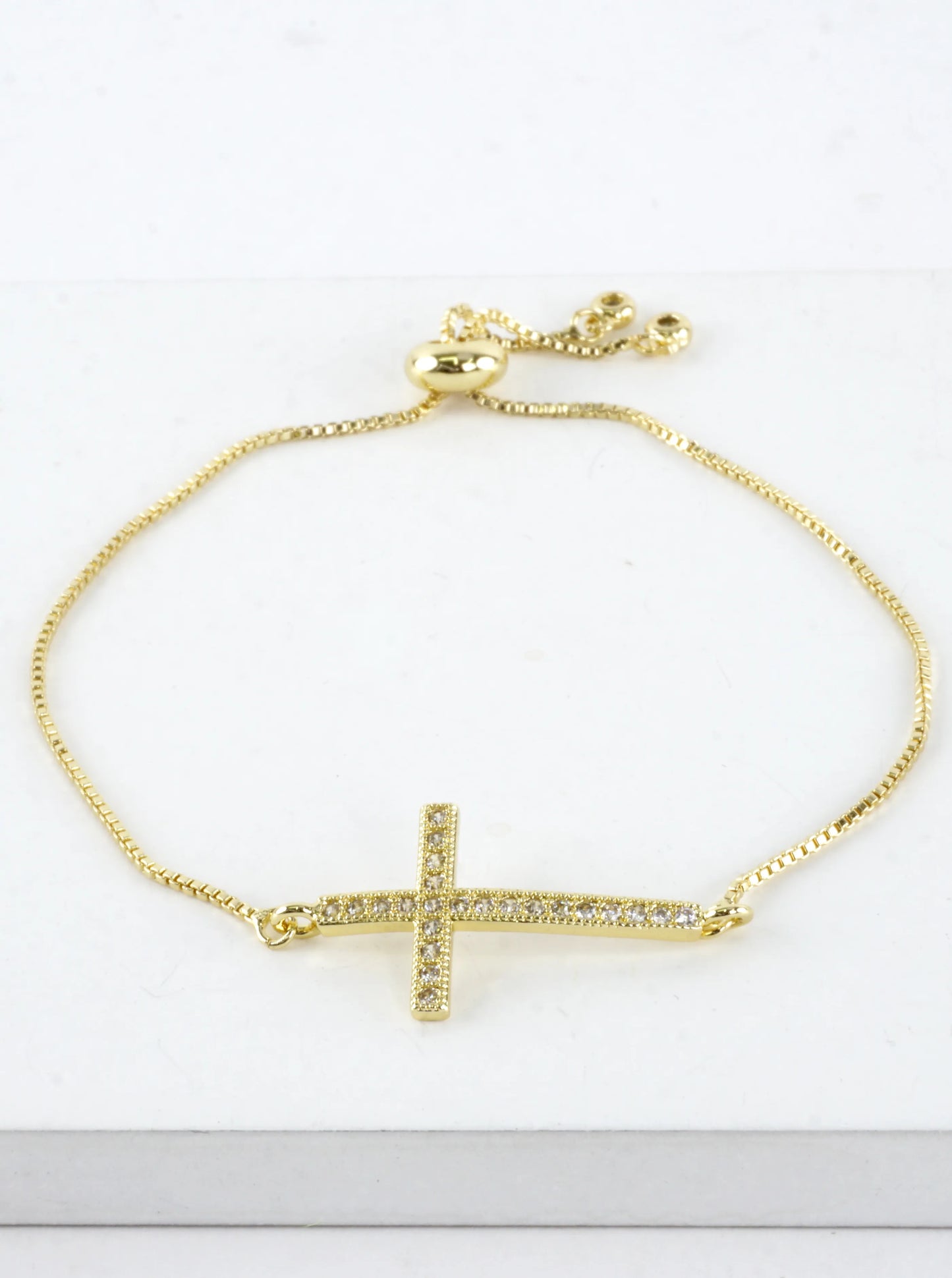 CZ Pave Cross Horizontal Bolo Pull Tie Bracelet