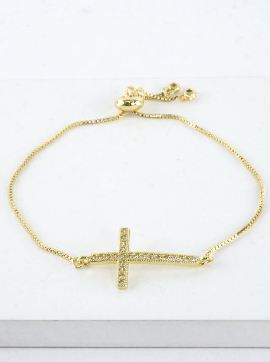 CZ Pave Cross Horizontal Bolo Pull Tie Bracelet