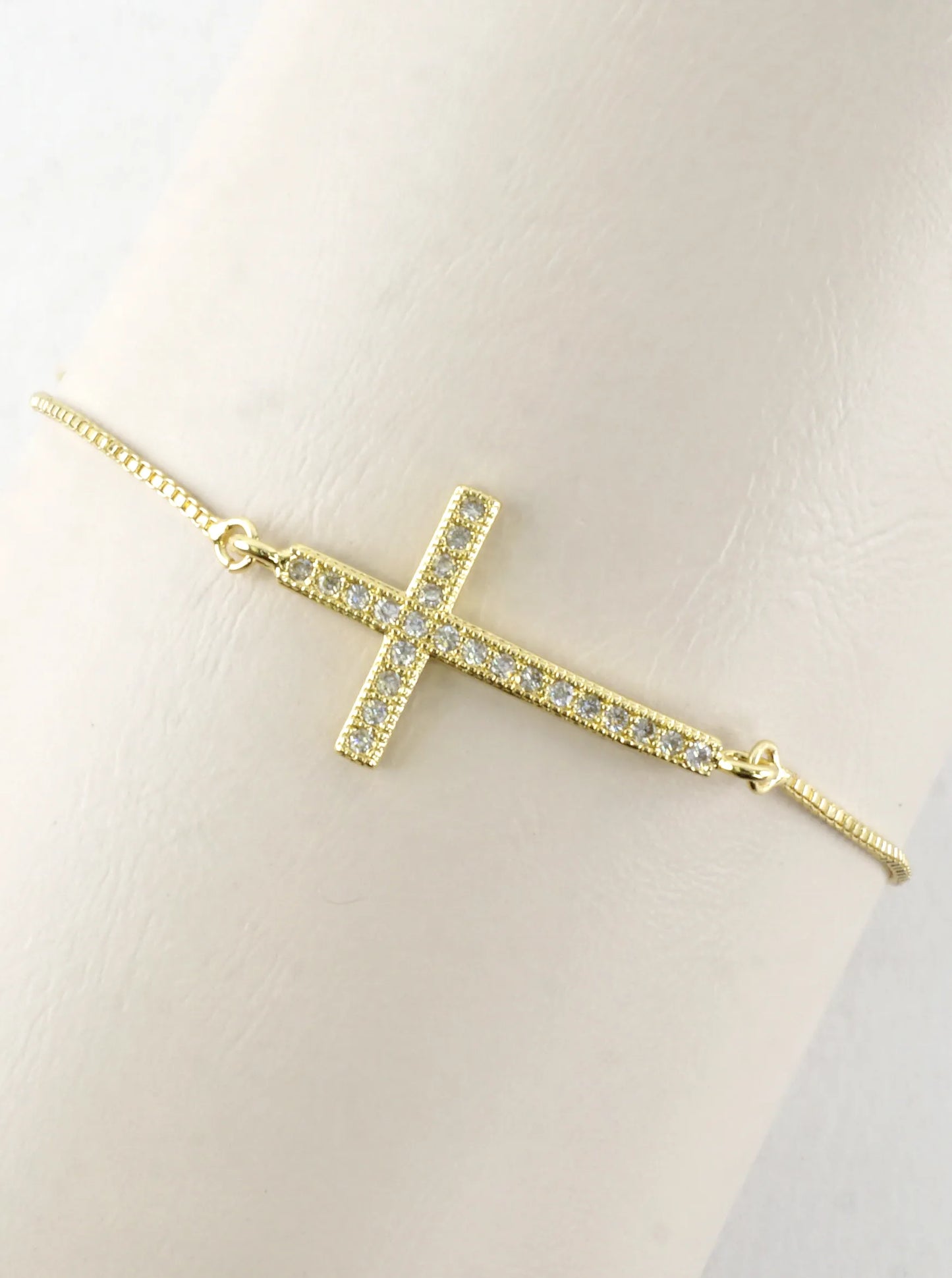 CZ Pave Cross Horizontal Bolo Pull Tie Bracelet
