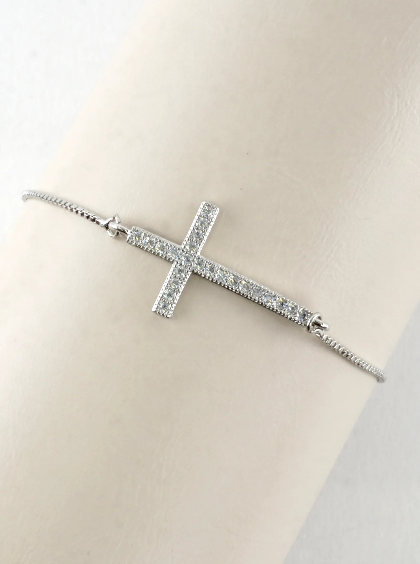 CZ Pave Cross Horizontal Bolo Pull Tie Bracelet