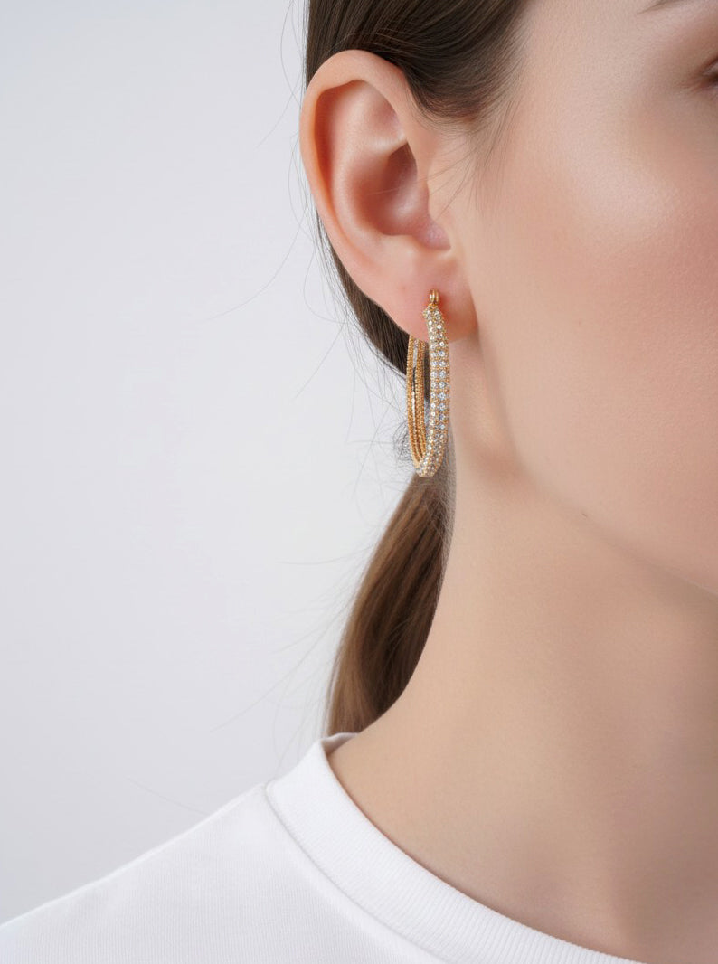 Pave Textured Rhinestone Hoop Earrings