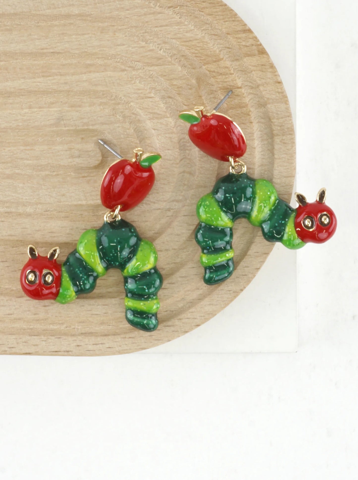 Teacher Gift Apple Caterpillar Earrings