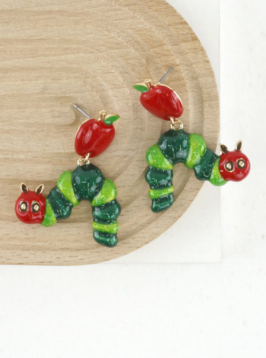 Teacher Gift Apple Caterpillar Earrings