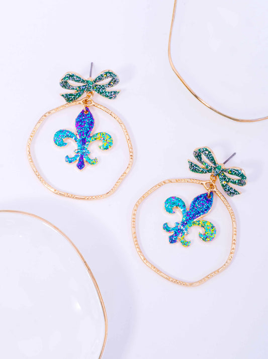 Glitter Fleur De Lis Bow Round Post Drop Earrings