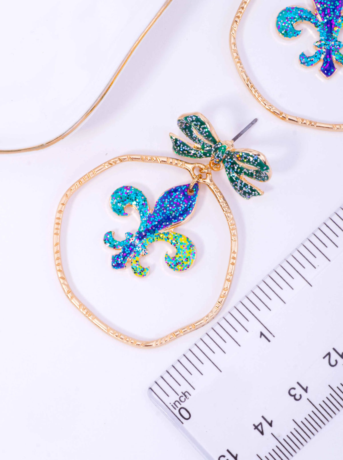 Glitter Fleur De Lis Bow Round Post Drop Earrings