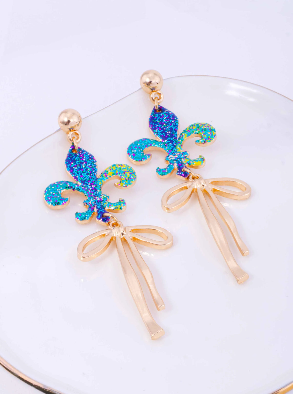 Glitter Fleur De Lis Polished Bow Drop Earrings