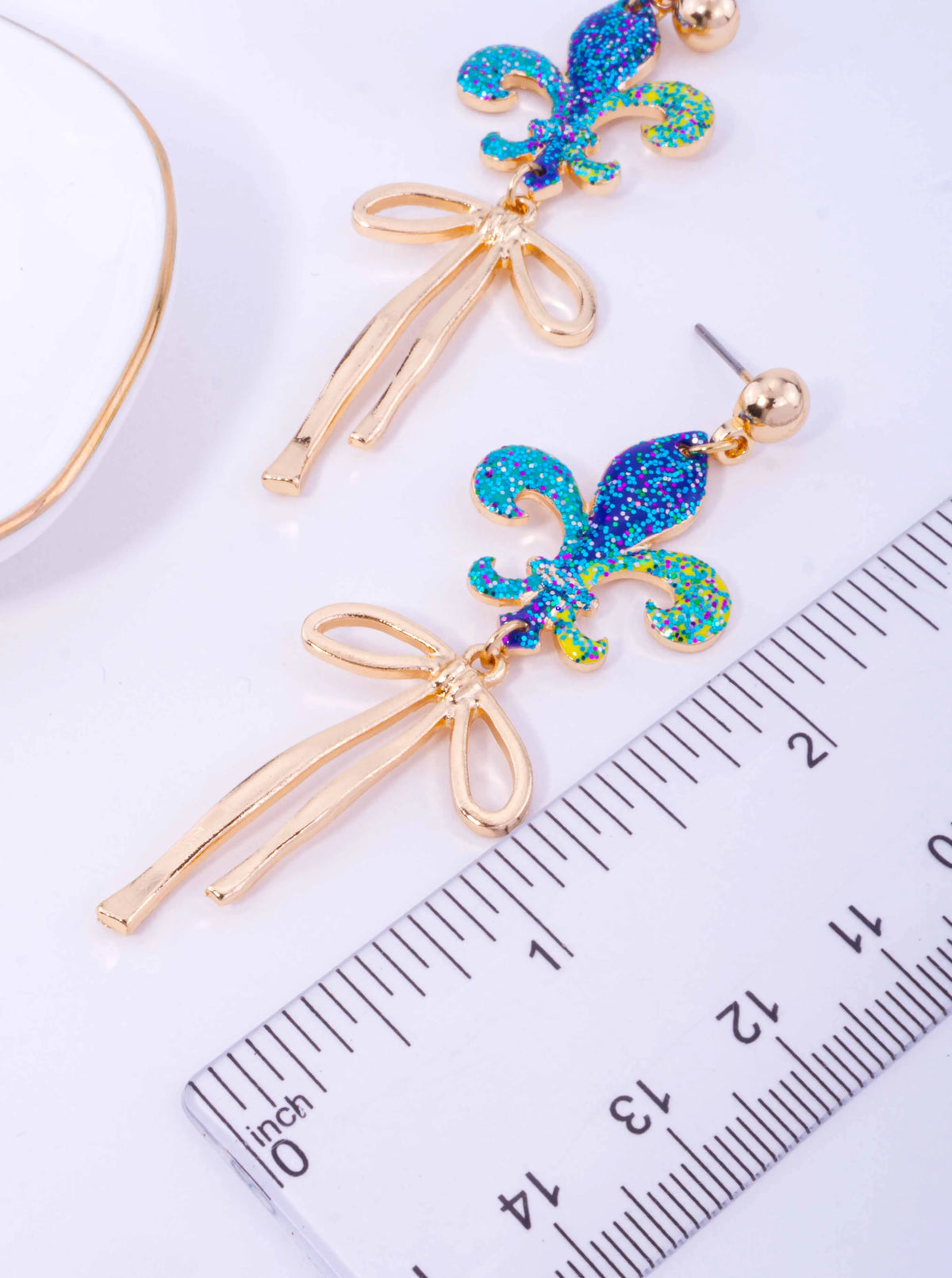 Glitter Fleur De Lis Polished Bow Drop Earrings