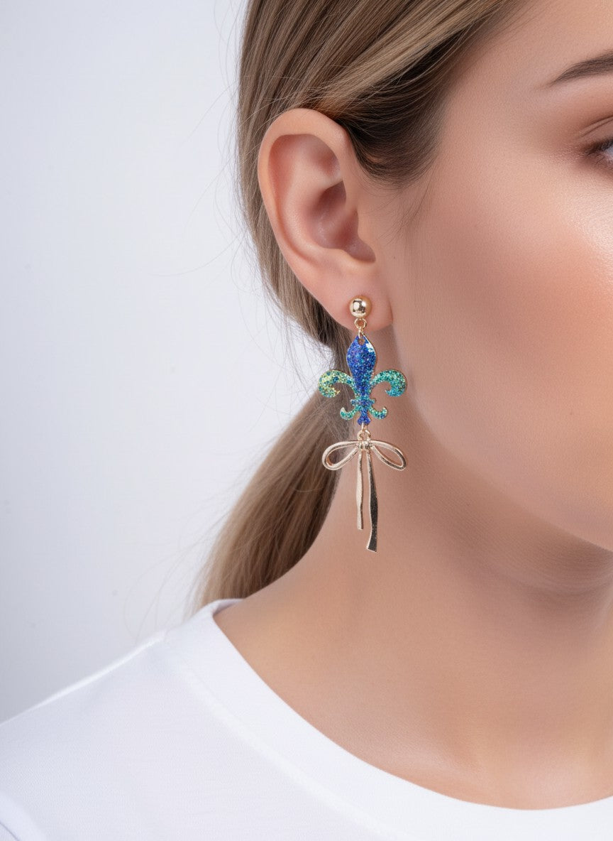 Glitter Fleur De Lis Polished Bow Drop Earrings