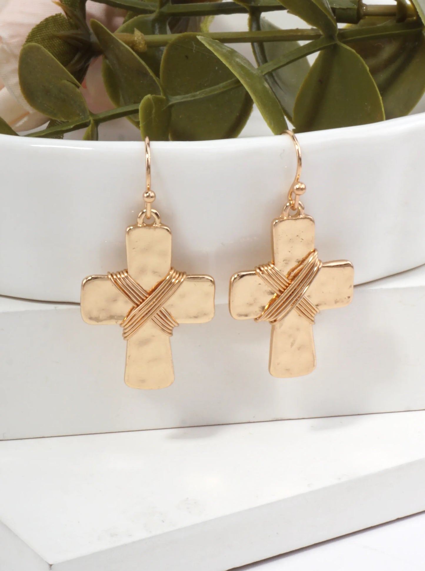 Elegant Hammered Cross Dangle Drop Earrings